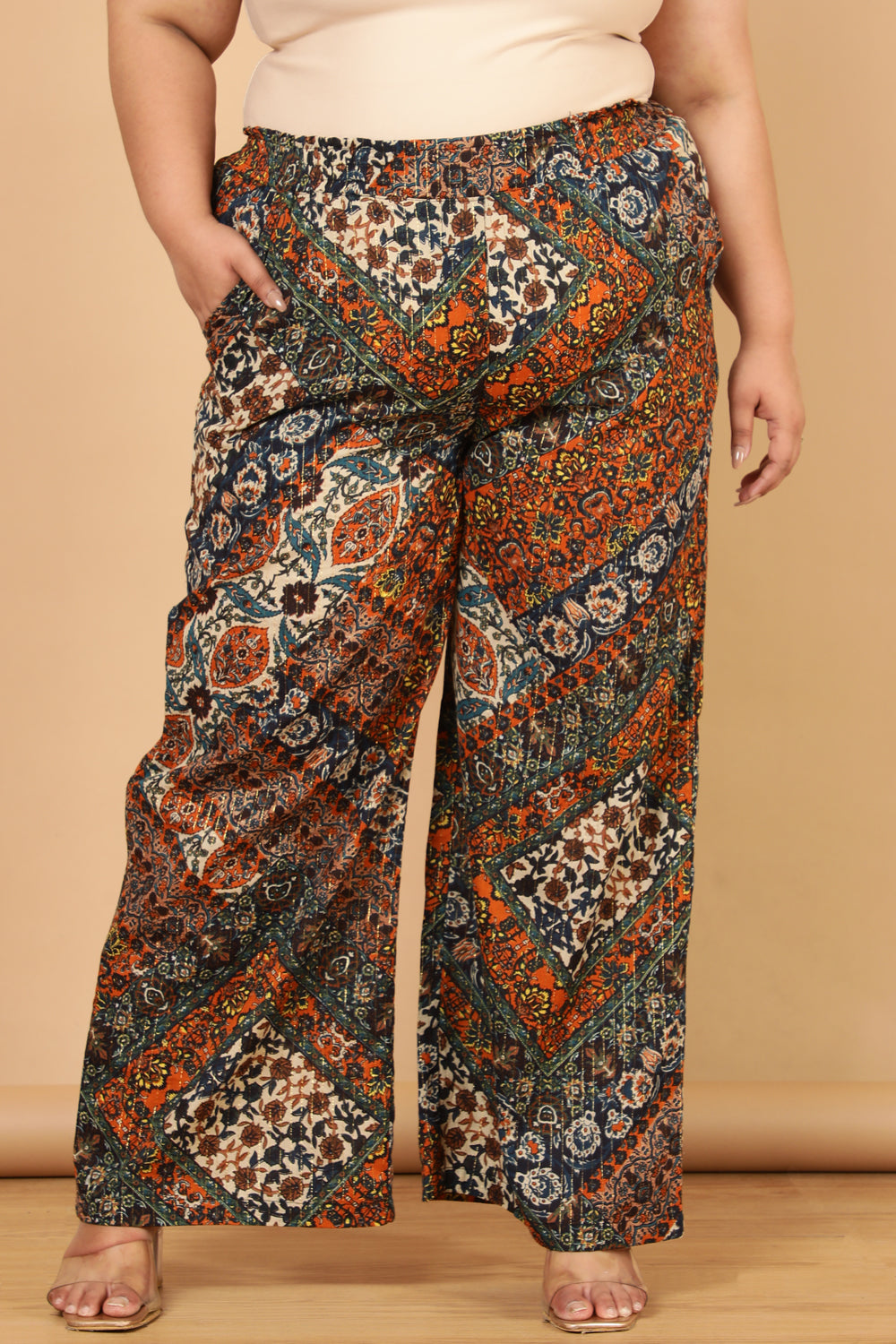 Plus Size Plus Size Ethnic Print Cotton High Waist Pants