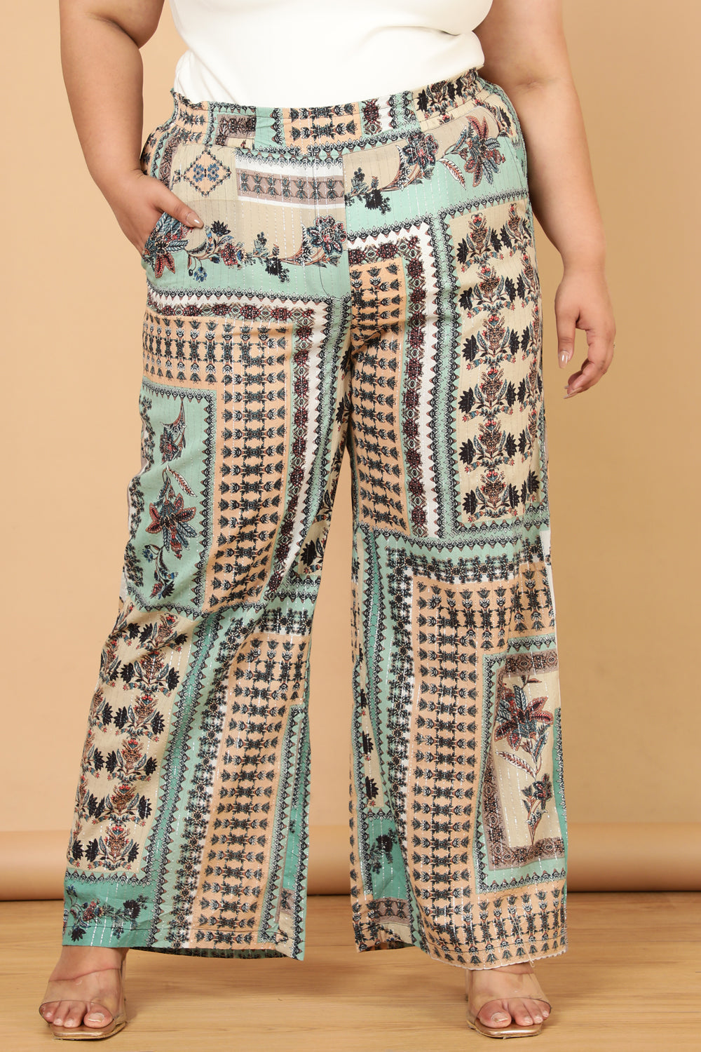 Plus Size Plus Size Green White Ethnic Scarf Print Cotton High Waist Pants