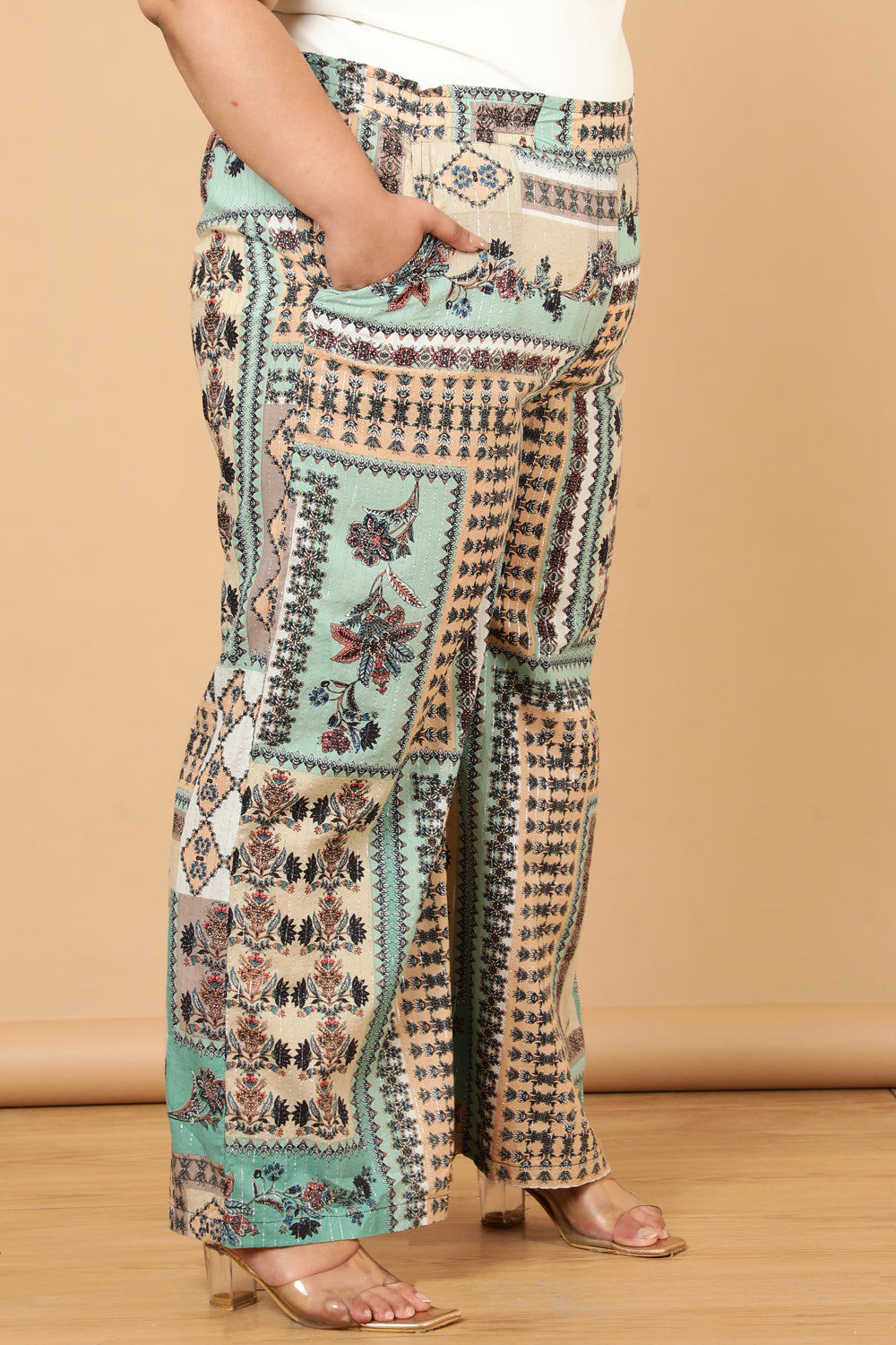 Plus Size Green White Ethnic Scarf Print Cotton High Waist Pants for Women