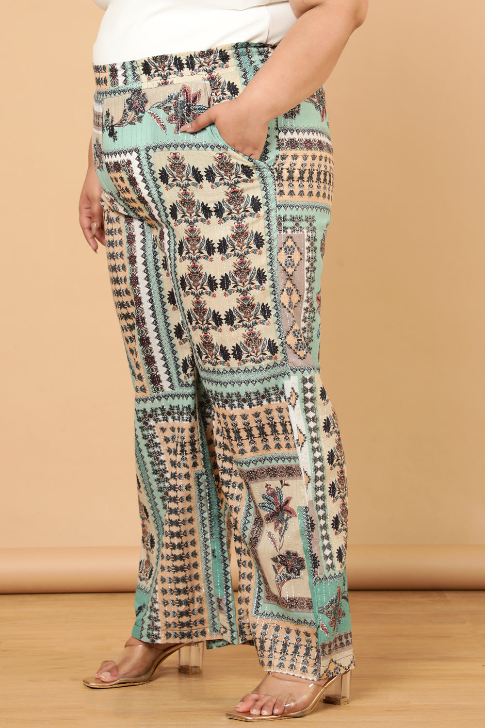 Comfortable Plus Size Green White Ethnic Scarf Print Cotton High Waist Pants