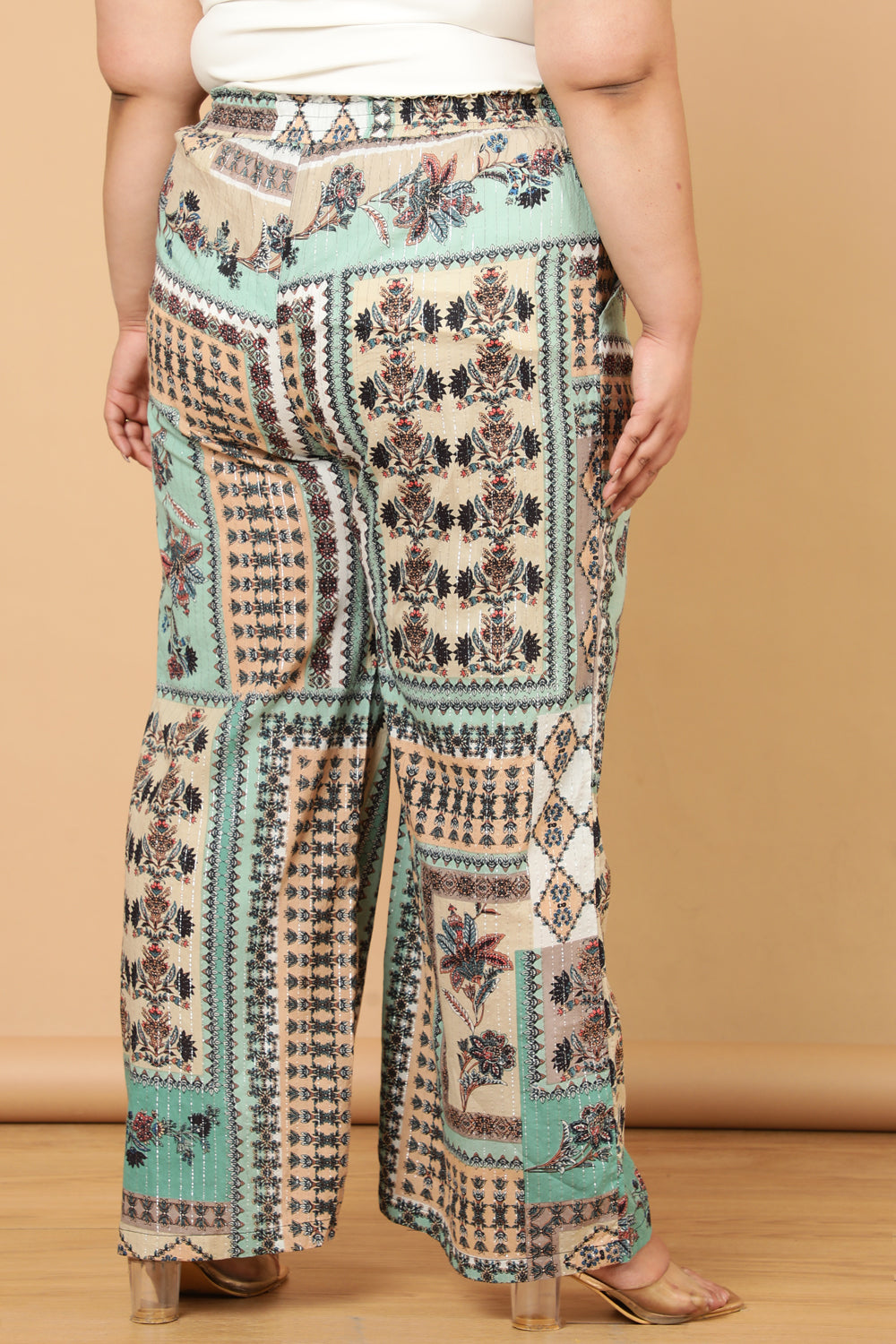 Plus Size Green White Ethnic Scarf Print Cotton High Waist Pants