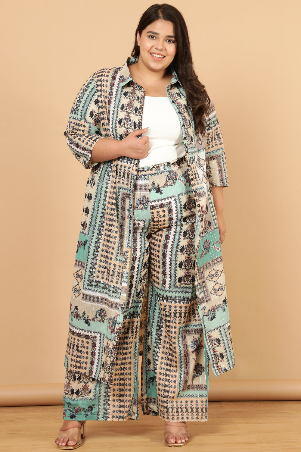Buy Plus Size Green White Ethnic Scarf Print Cotton High Waist Pants