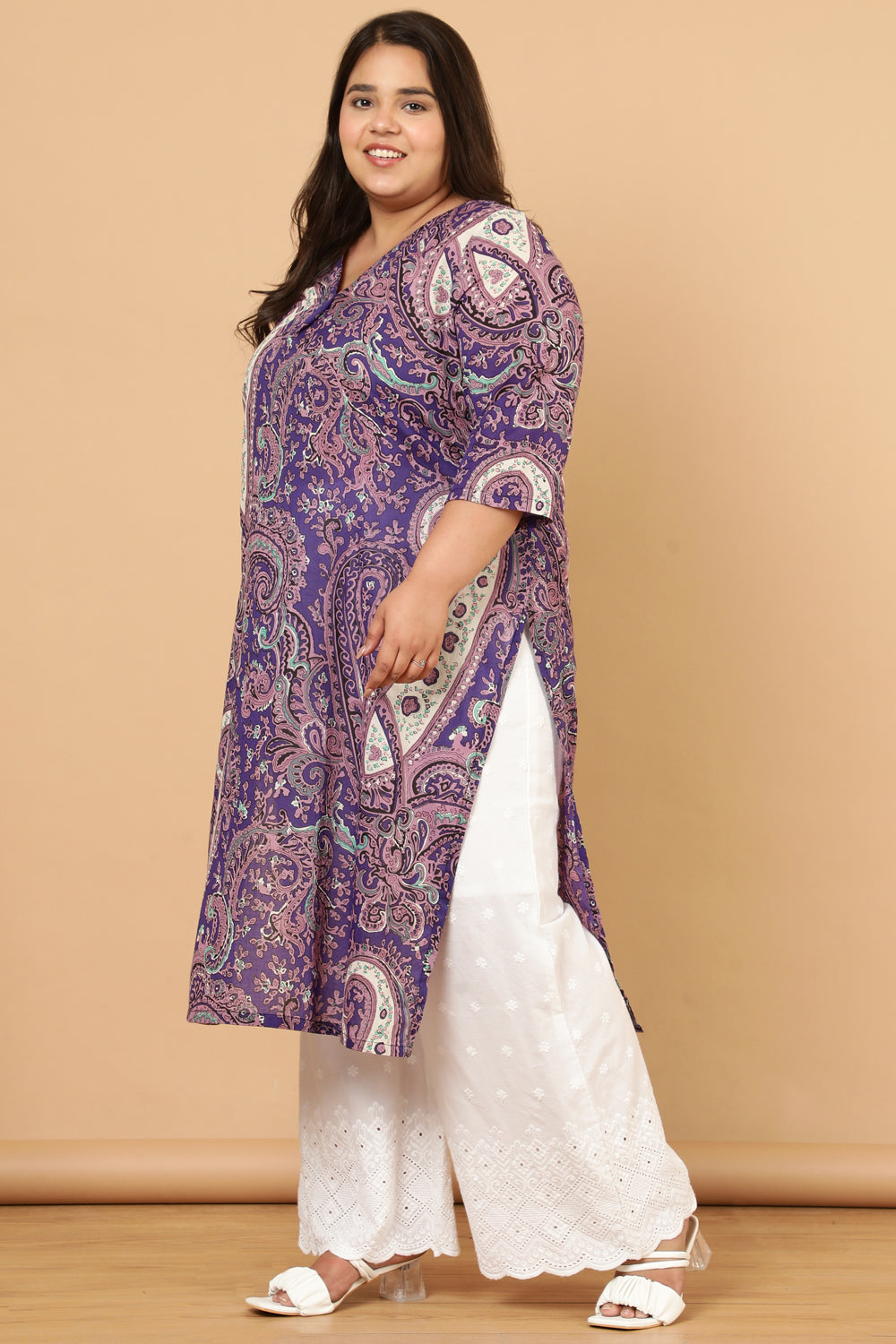 Plus Size Plus Size Purple Paisley Print Cotton Kurta