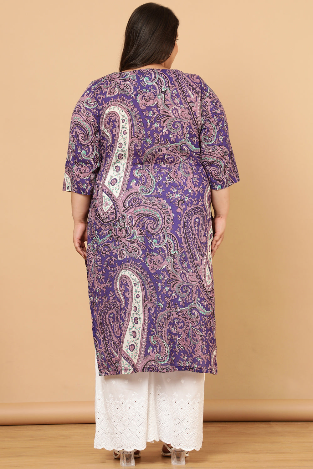 Plus Size Purple Paisley Print Cotton Kurta