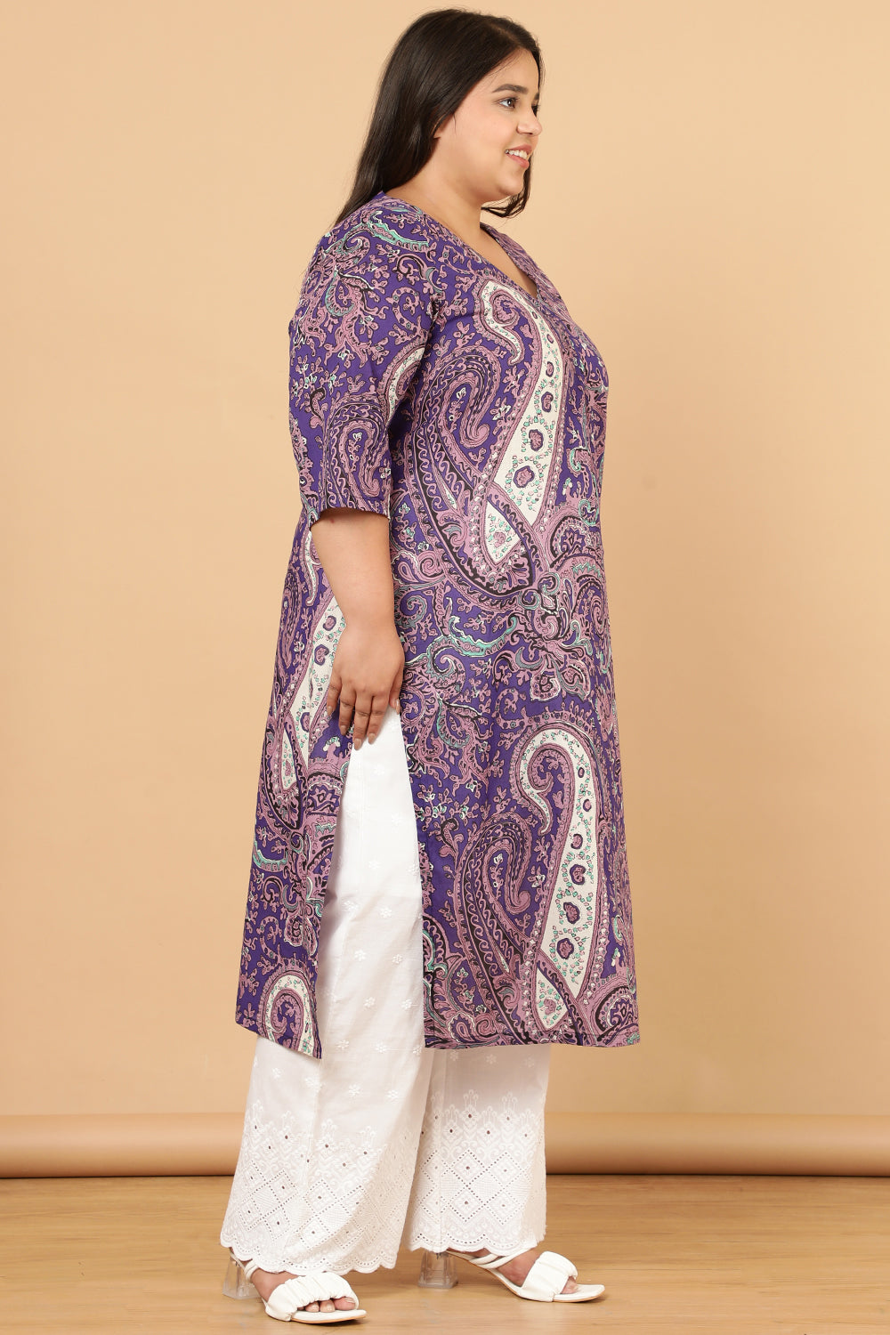 Plus Size Purple Paisley Print Cotton Kurta for Women
