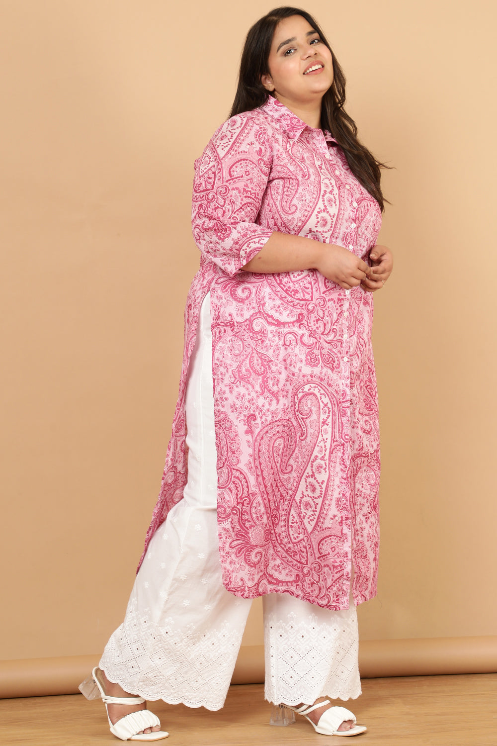 Pink Paisley Print Cotton Kurta Shrug