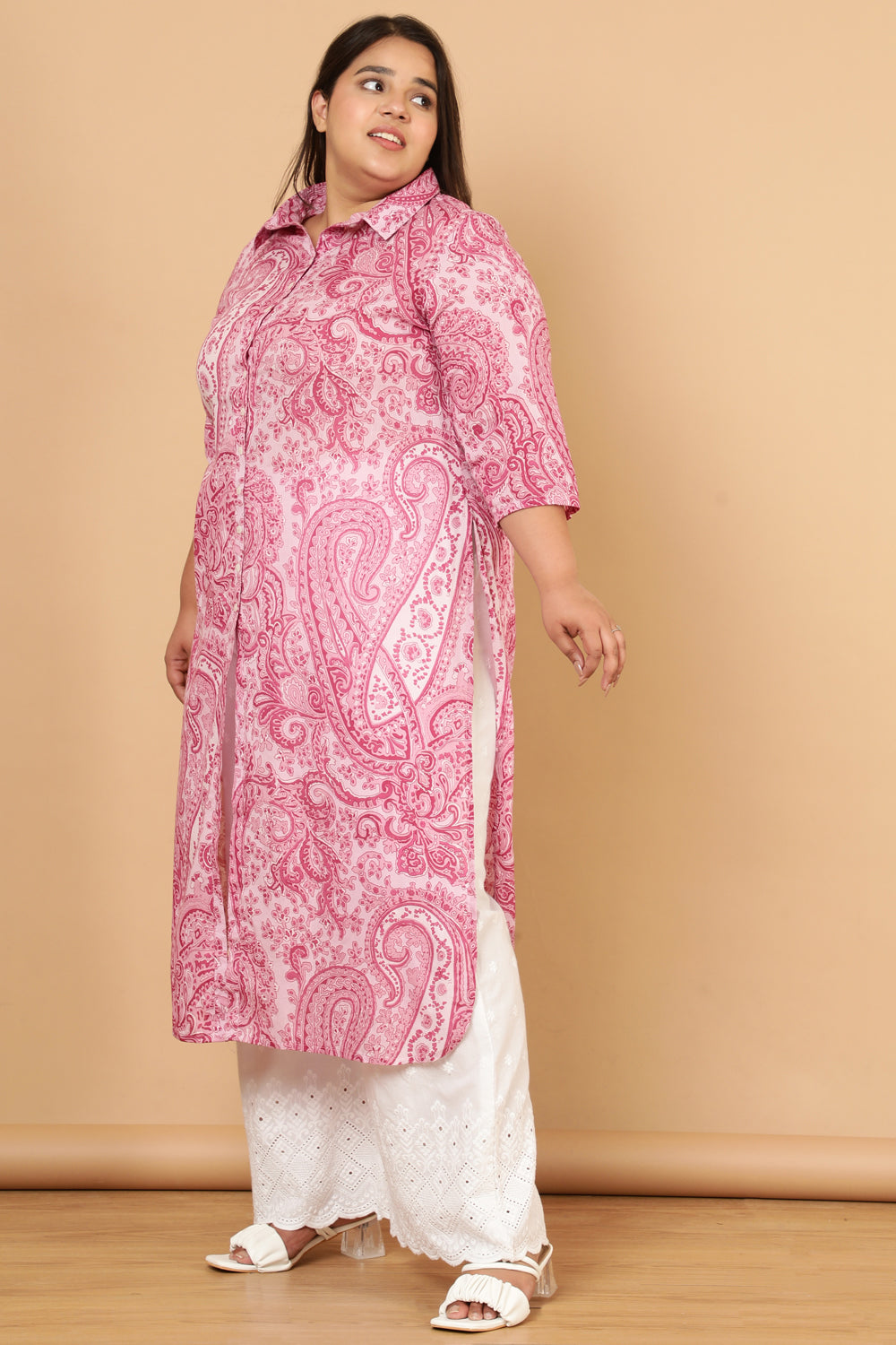 Pink Paisley Print Cotton Kurta Shrug