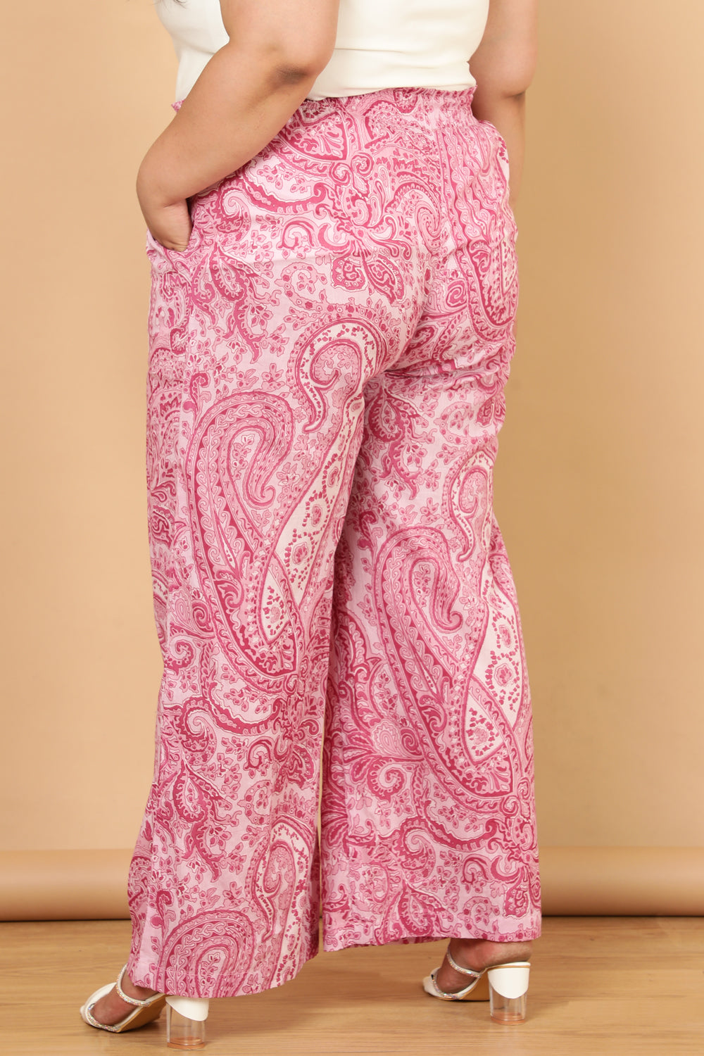 Pink Paisley Print Cotton High Waist Pants