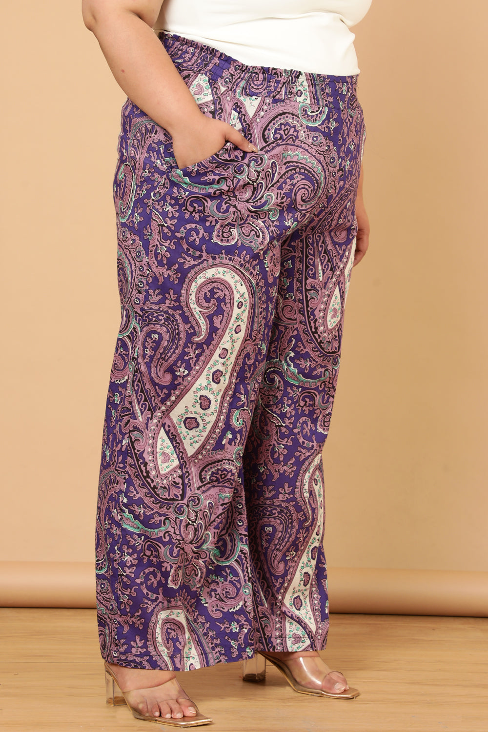 Plus Size Purple Paisley Print Cotton High Waist Pants for Women