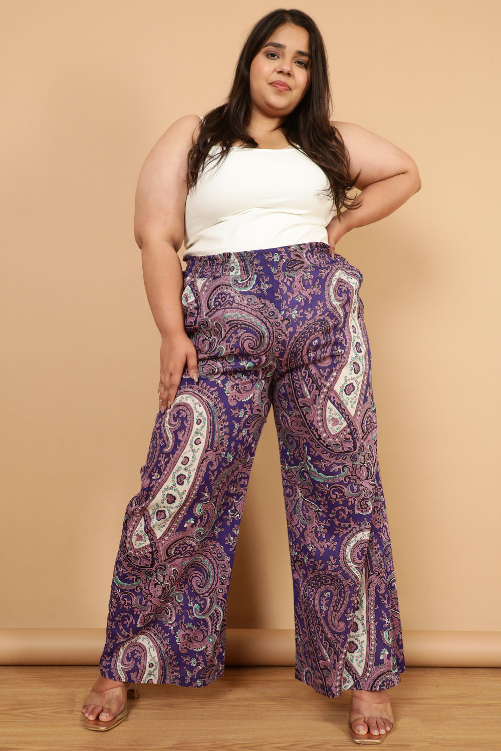 Plus Size Plus Size Purple Paisley Print Cotton High Waist Pants Online in  India