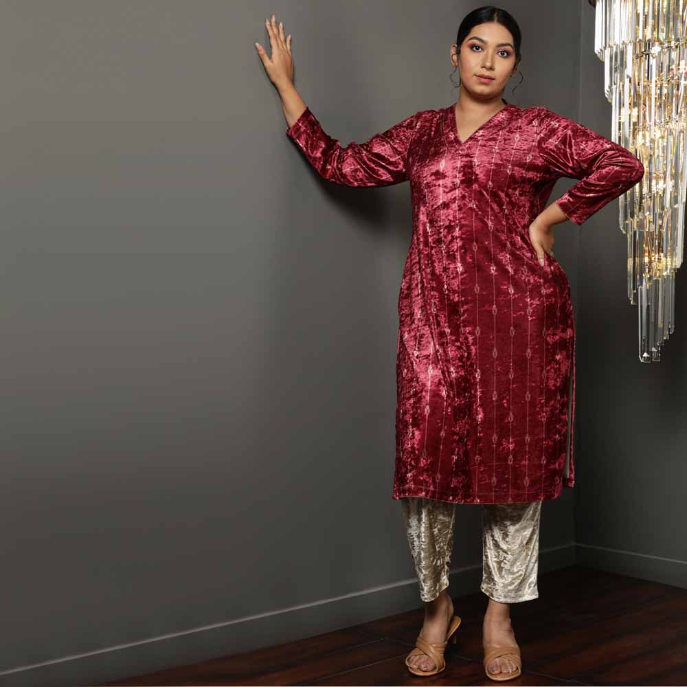 Deep Red Velvet V Neck Kurta