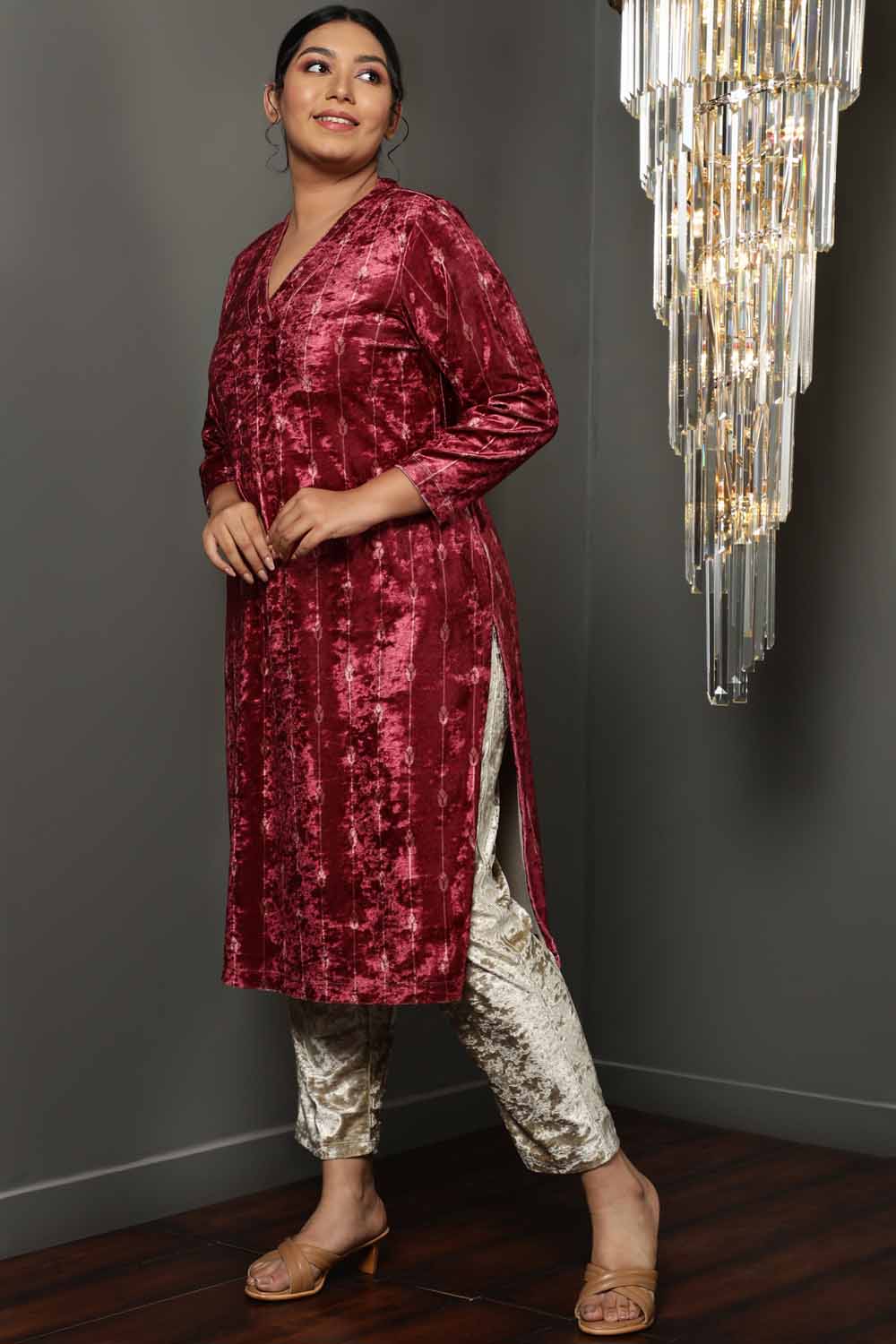 Plus Size Deep Red Velvet V Neck Kurta