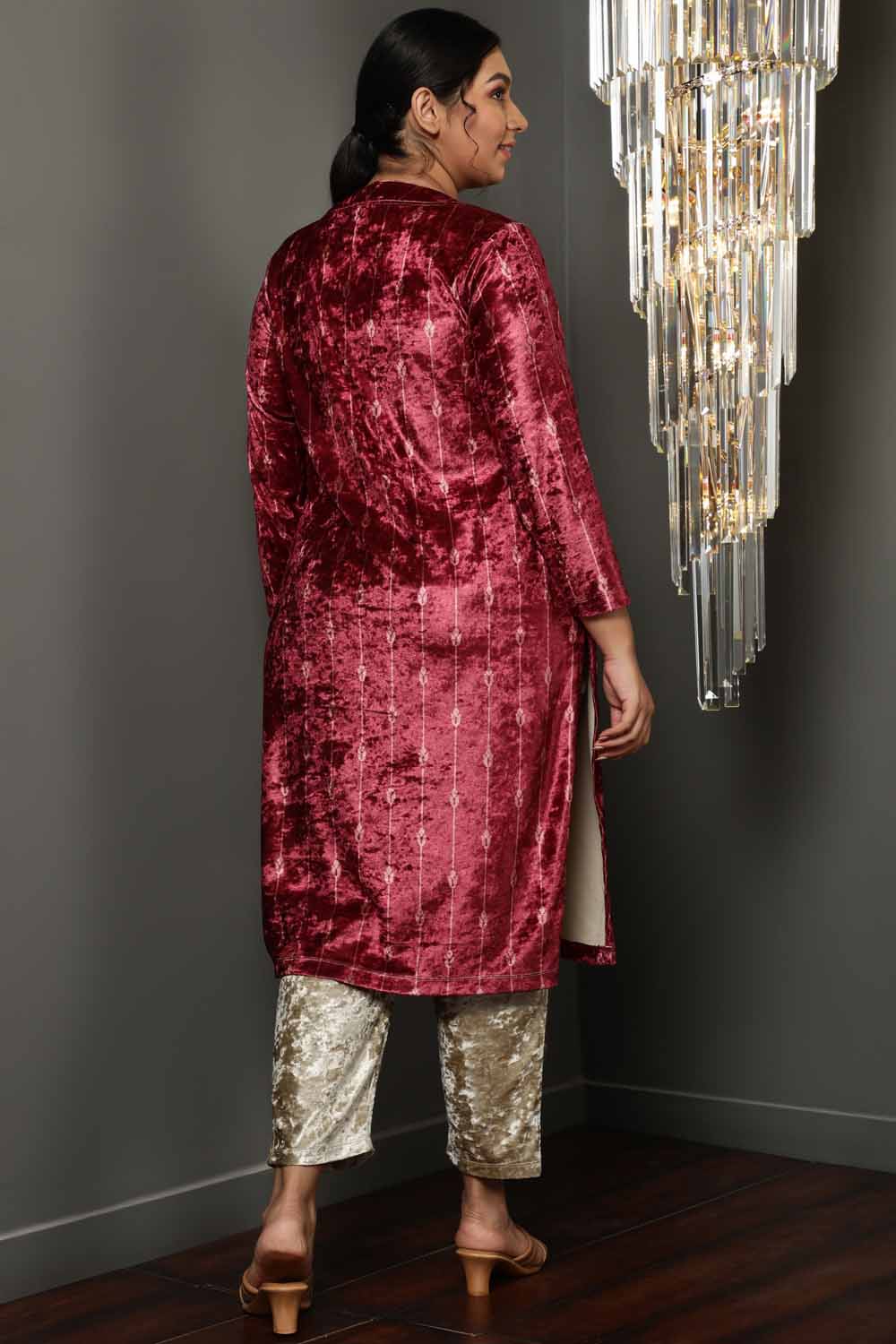 Comfortable Deep Red Velvet V Neck Kurta