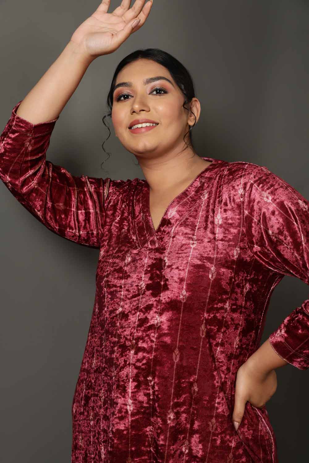 Deep Red Velvet V Neck Kurta for Women