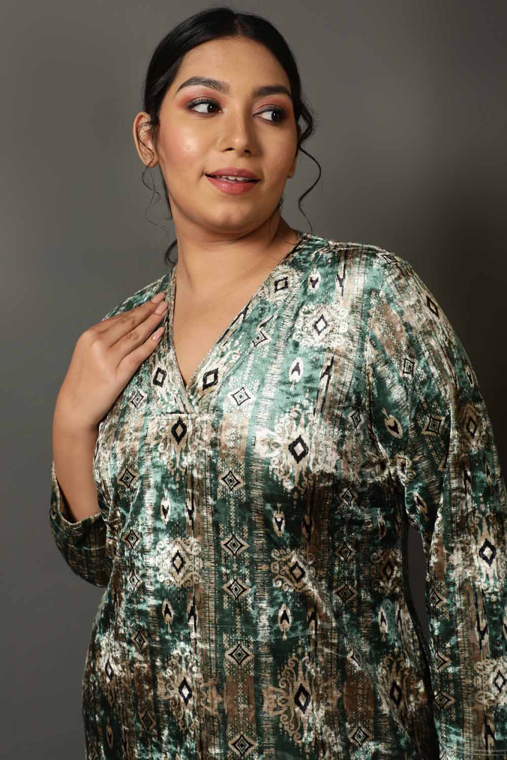Green Ikkat V Neck Velvet Kurta for Women