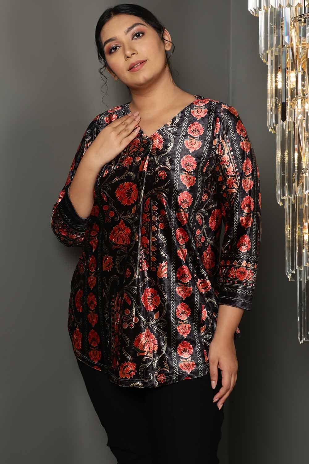 Block Floral V Neck Velvet Top