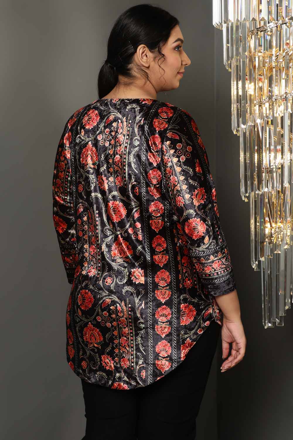 Comfortable Block Floral V Neck Velvet Top