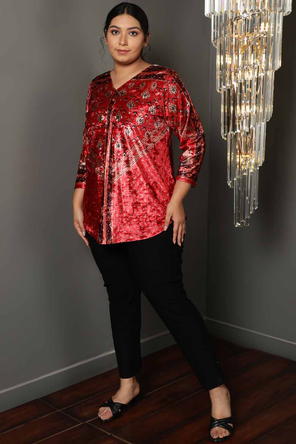 Buy Red Printed V Neck Velvet Top