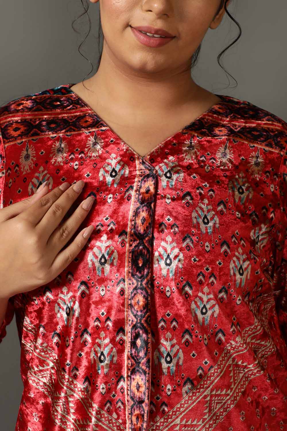 Comfortable Red Printed V Neck Velvet Top