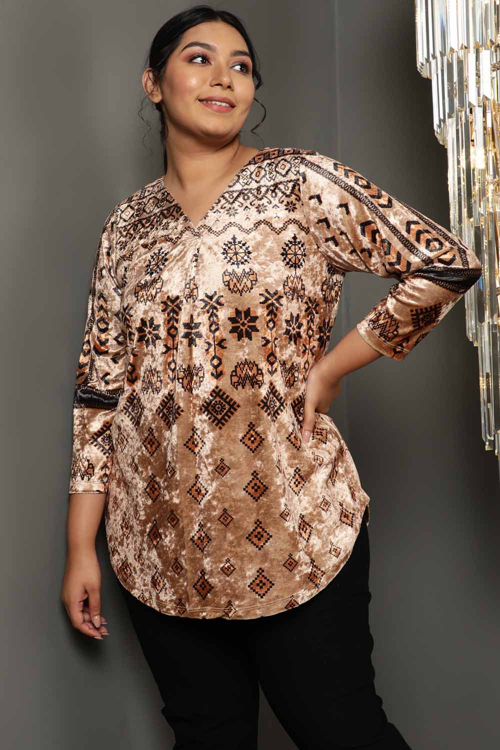Plus Size Beige Printed V Neck Velvet Top