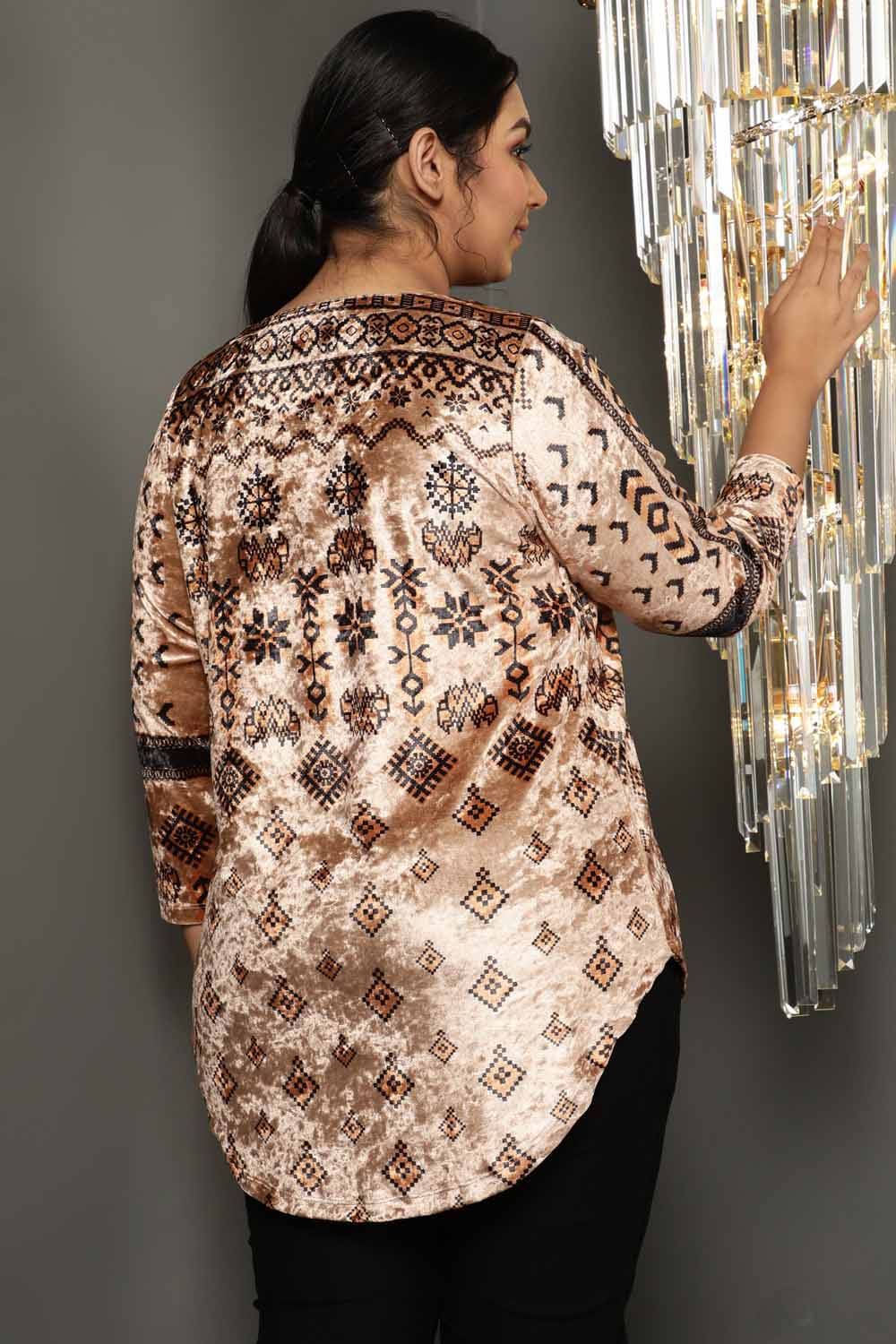 Comfortable Beige Printed V Neck Velvet Top