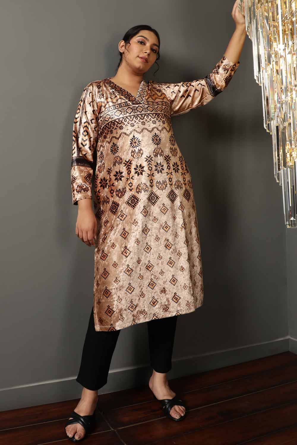 Buy Beige Printed V Neck Velvet Kurta