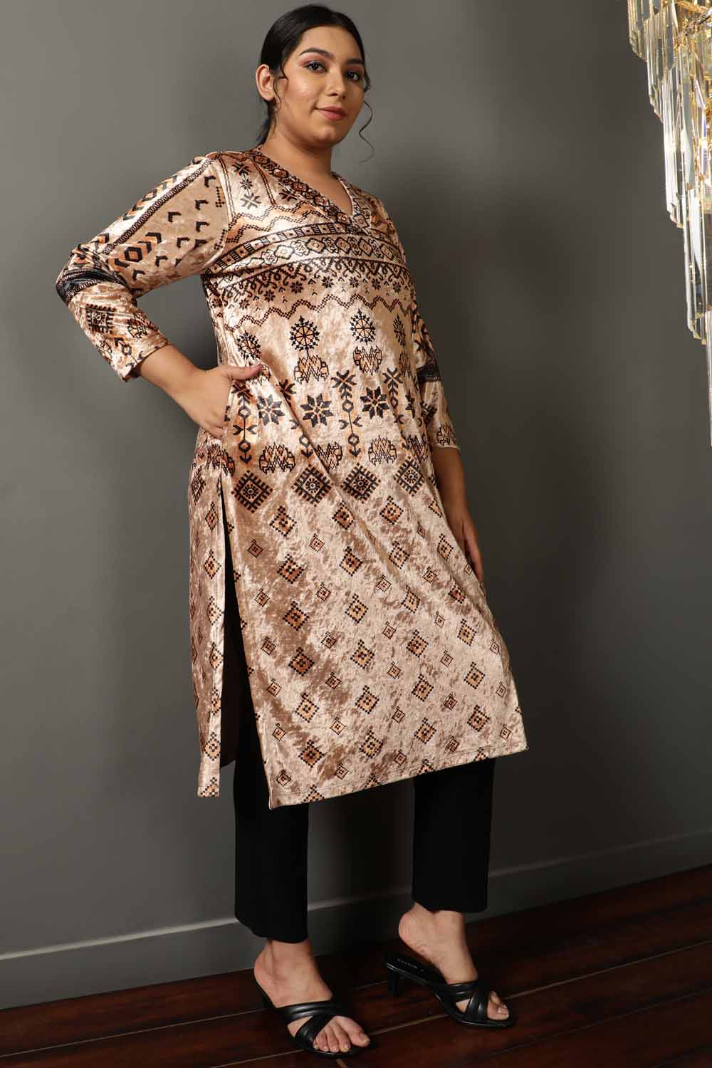 Plus Size Beige Printed V Neck Velvet Kurta