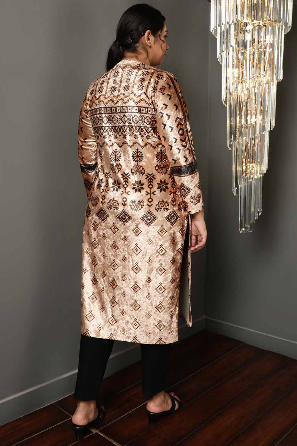 Comfortable Beige Printed V Neck Velvet Kurta