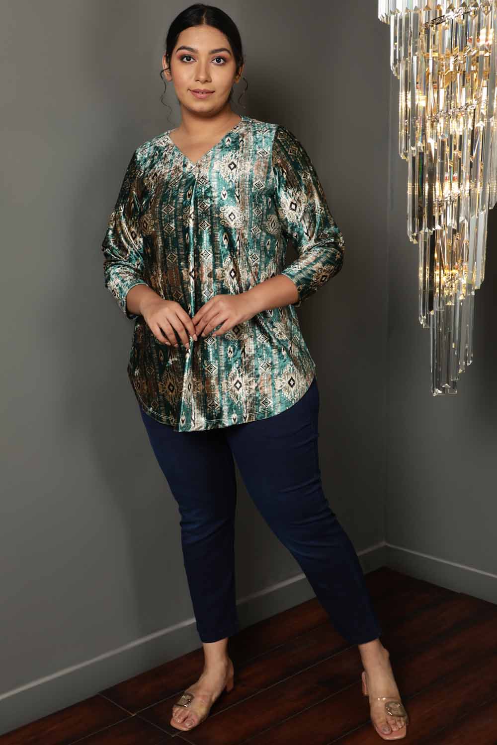 Plus Size Green Ikkat V Neck Velvet Top