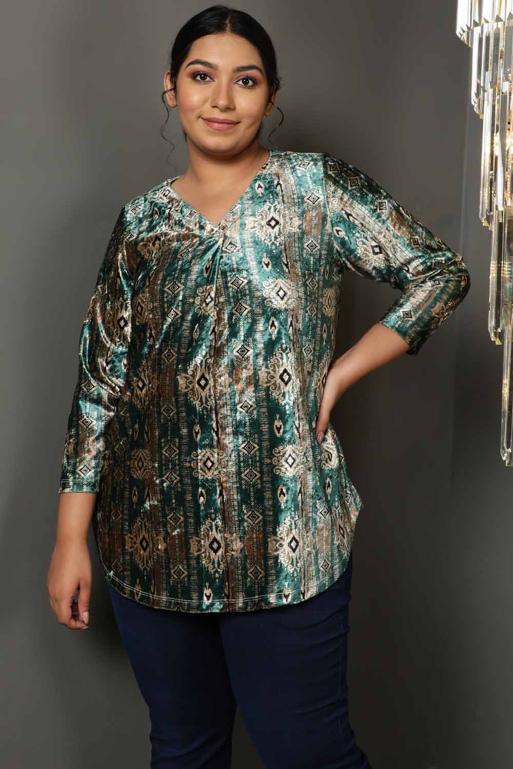 Buy Green Ikkat V Neck Velvet Top