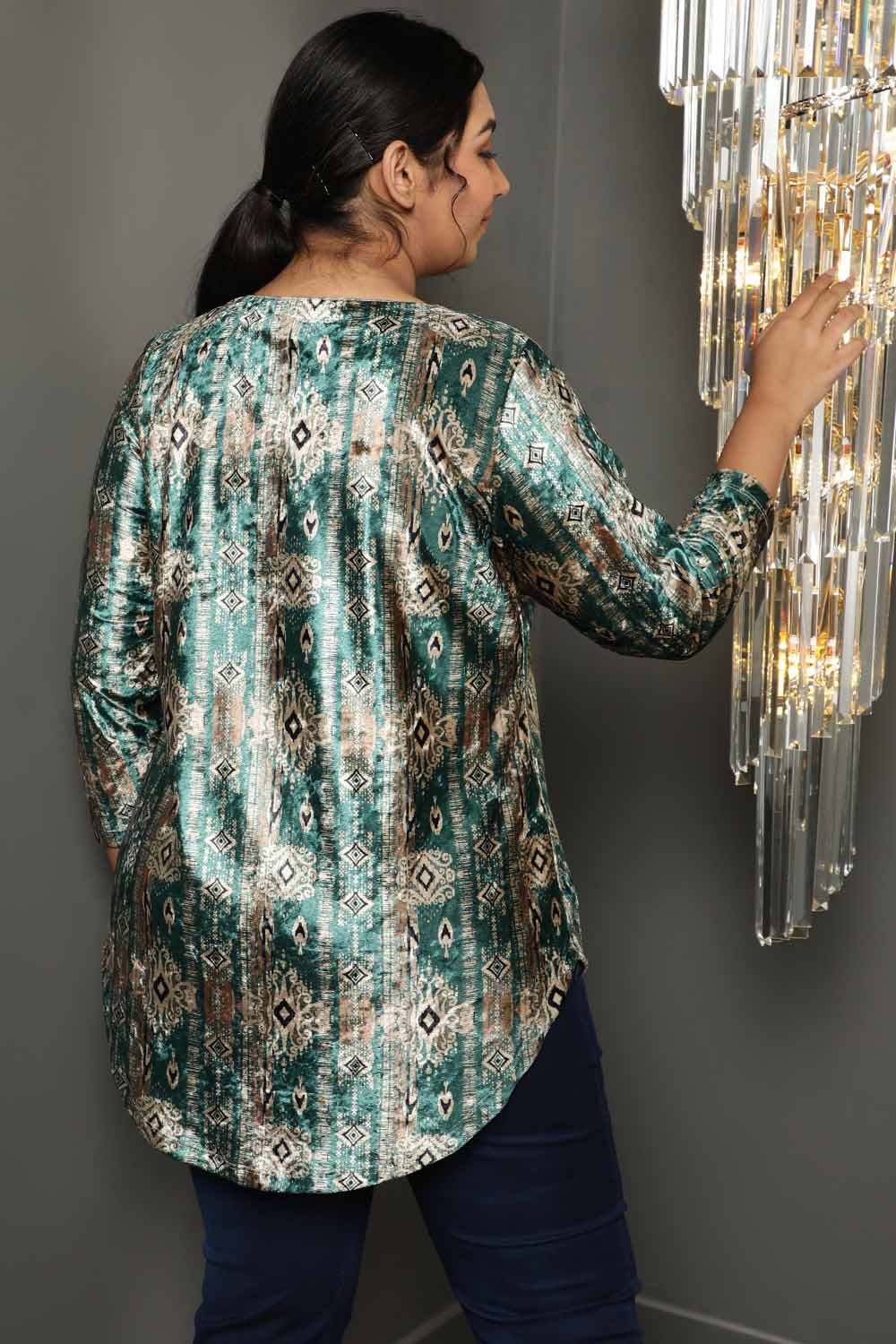 Green Ikkat V Neck Velvet Top