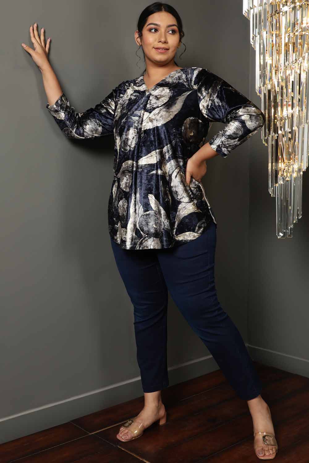Buy Black Floral V Neck Velvet Top