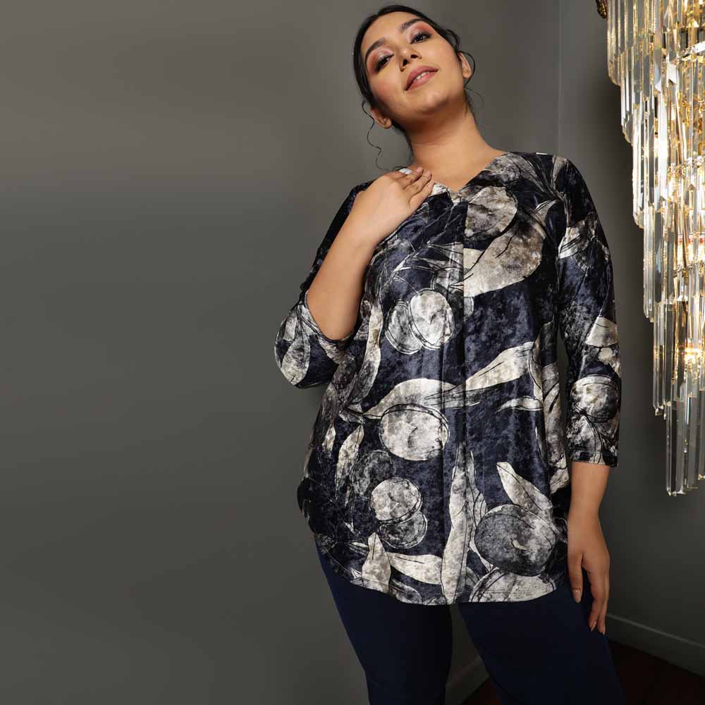 Black Floral V Neck Velvet Top