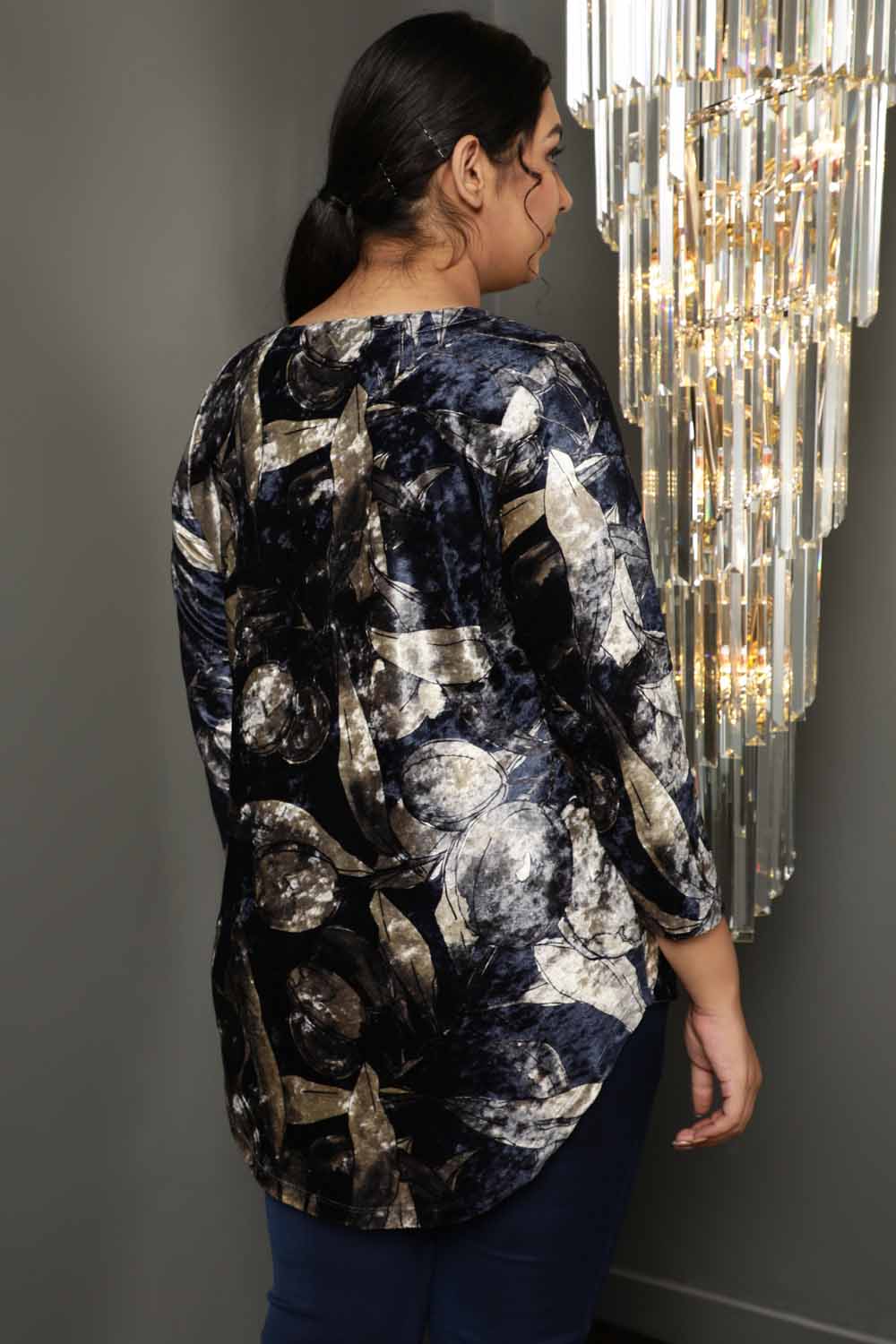 Comfortable Black Floral V Neck Velvet Top