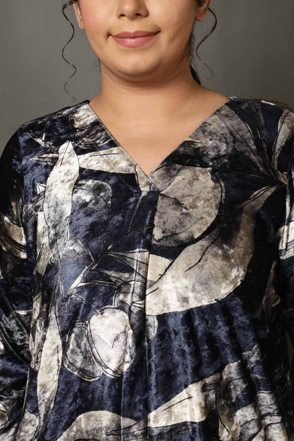Black Floral V Neck Velvet Top for Women