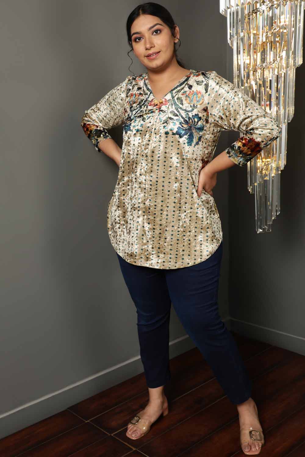 Buy Floral Ethnic Print Velvet Top