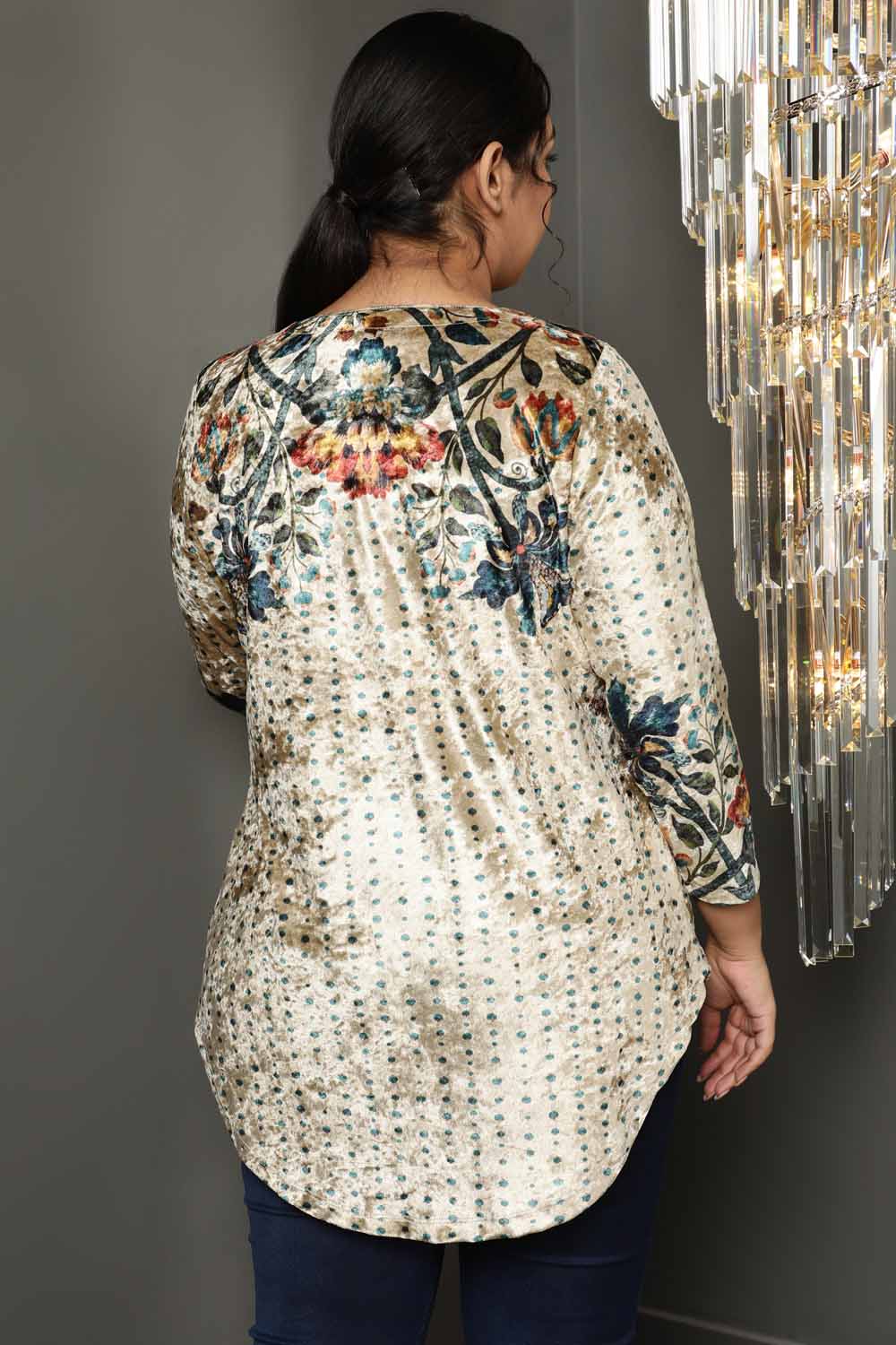 Comfortable Floral Ethnic Print Velvet Top