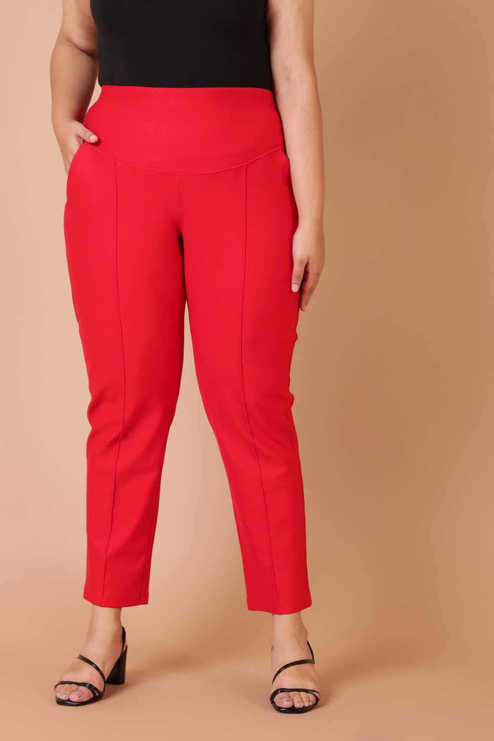 Plus Size Red Tummy Shaper Straight Fit Pants