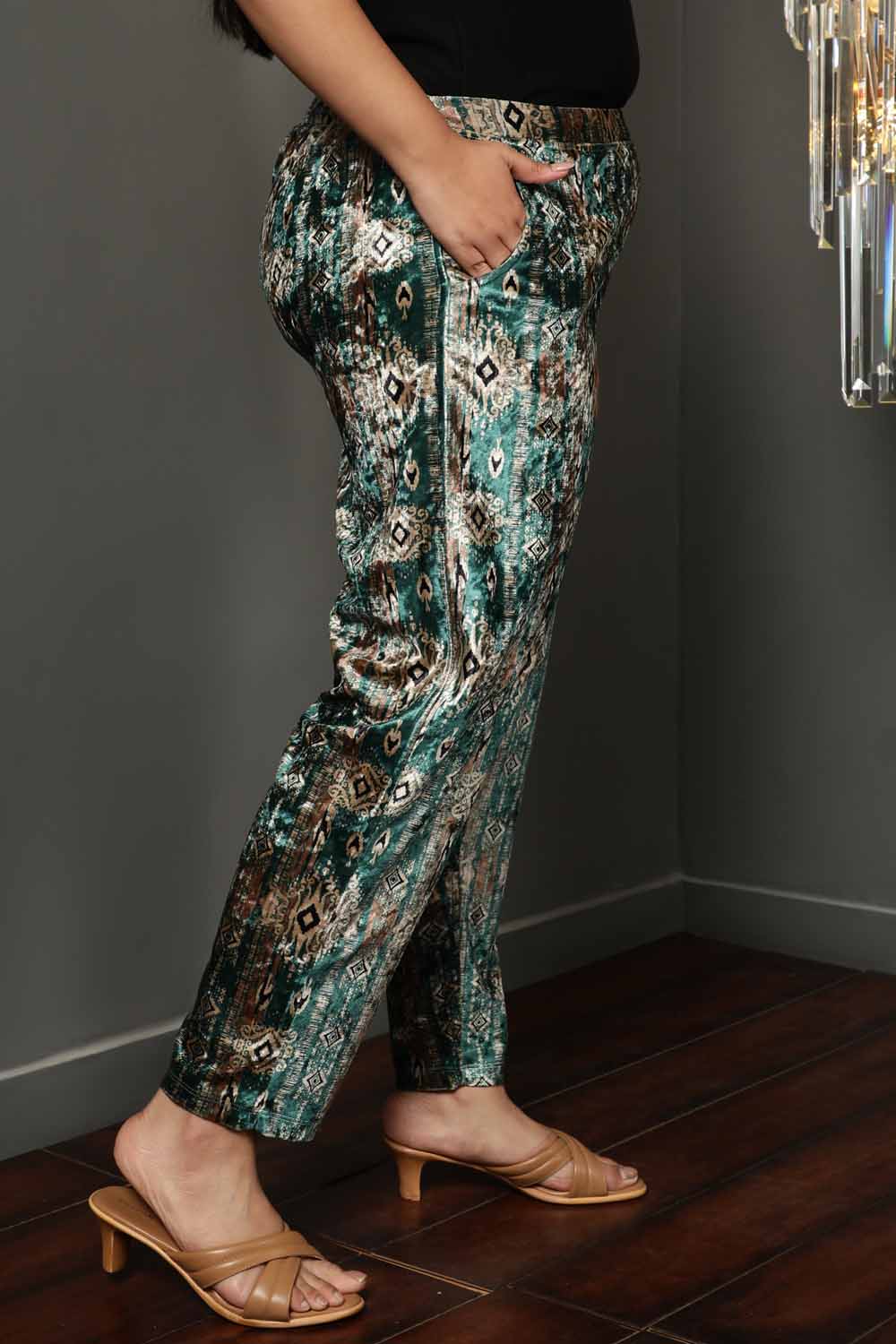 Plus Size Green Ikkat Velvet Pant