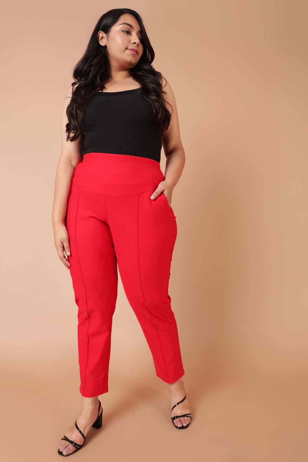 Plus Size Red Tummy Shaper Straight Fit Pants
