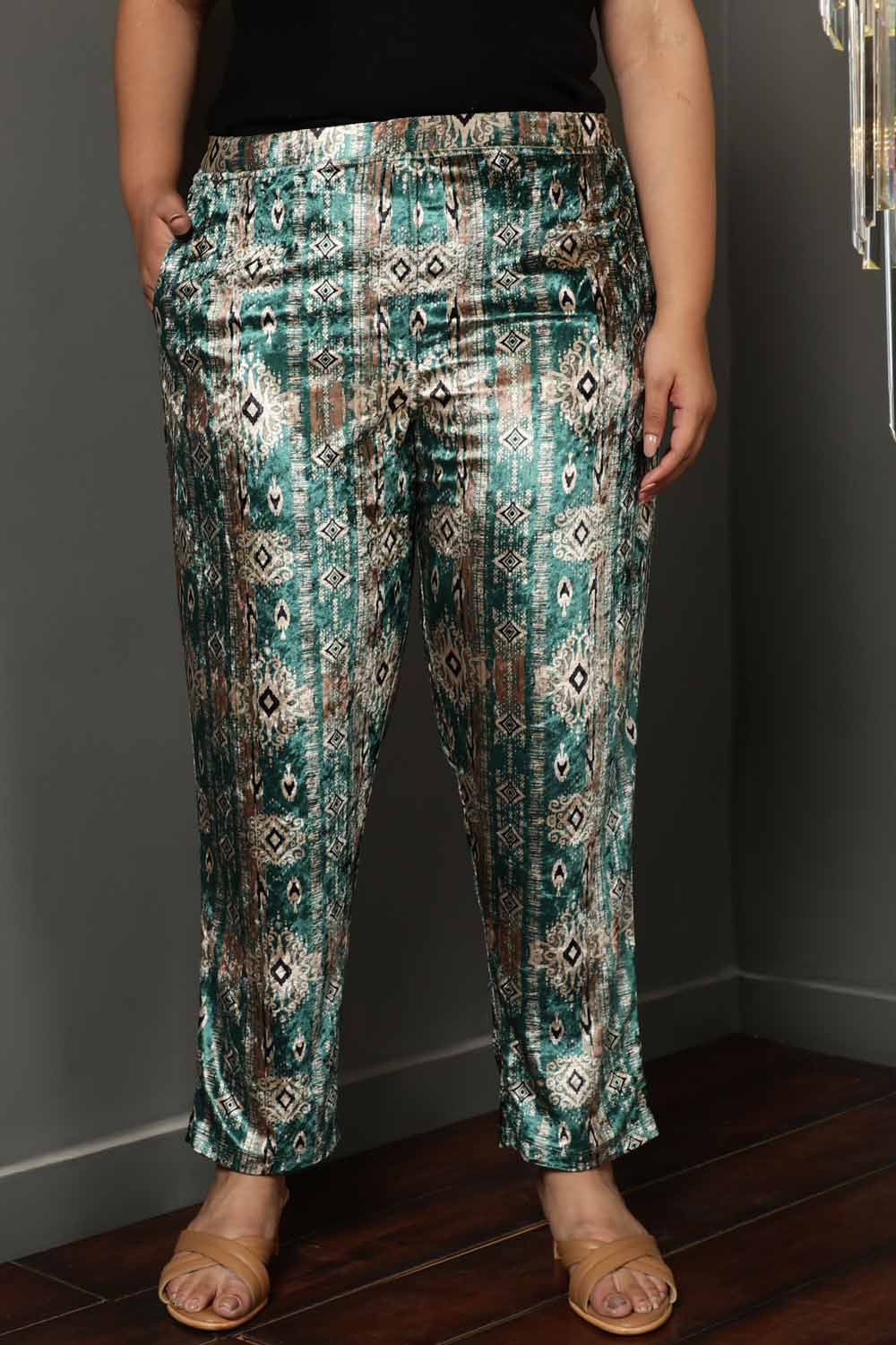 Green Ikkat Velvet Pant for Women