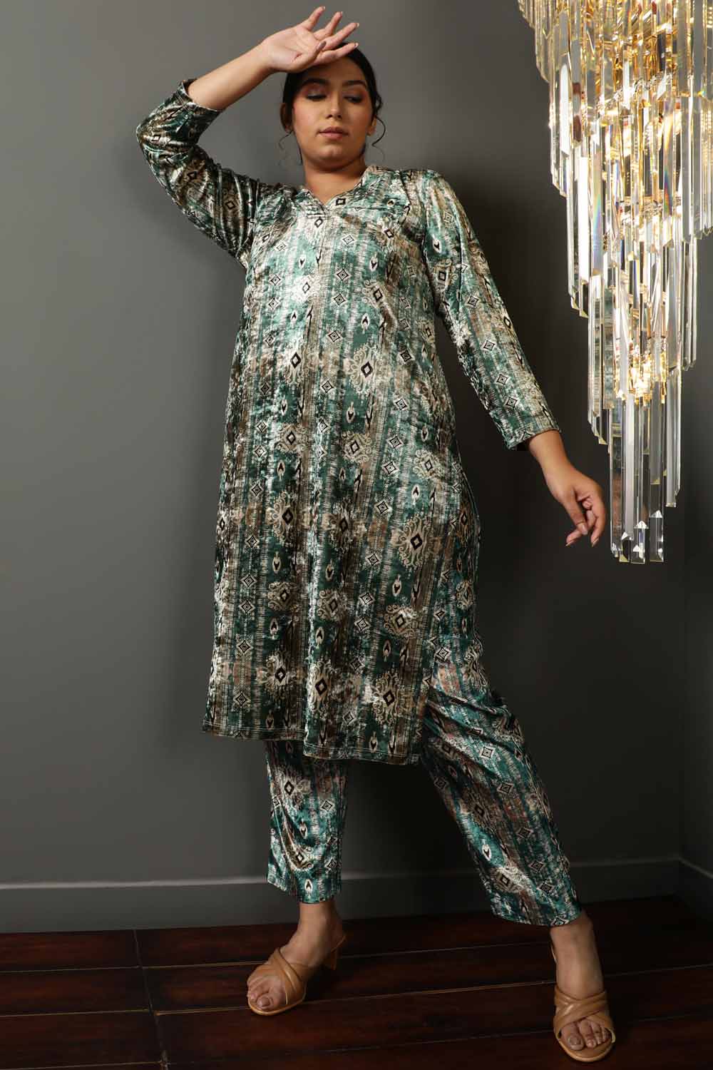 Buy Green Ikkat V Neck Velvet Kurta