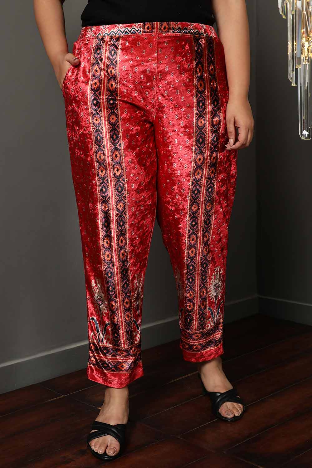Plus Size Red Printed Velvet Pant