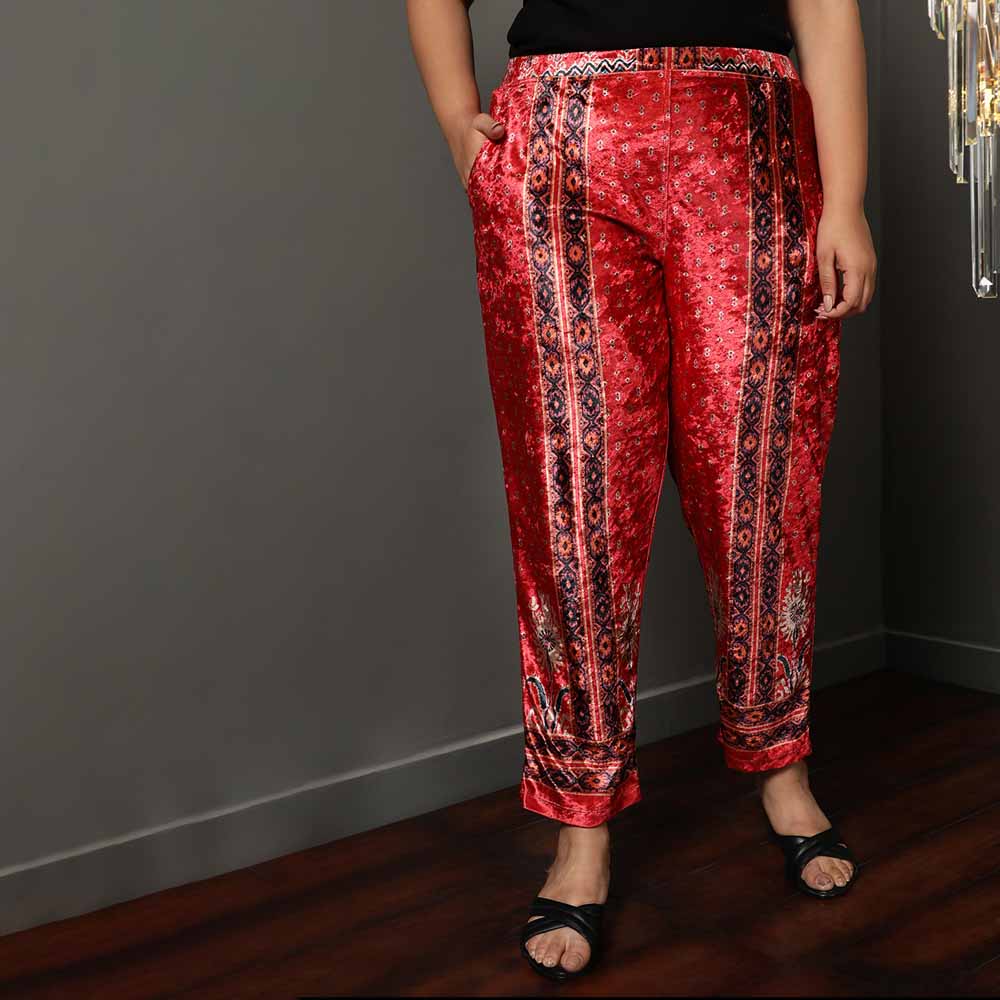 Red Printed Velvet Pant