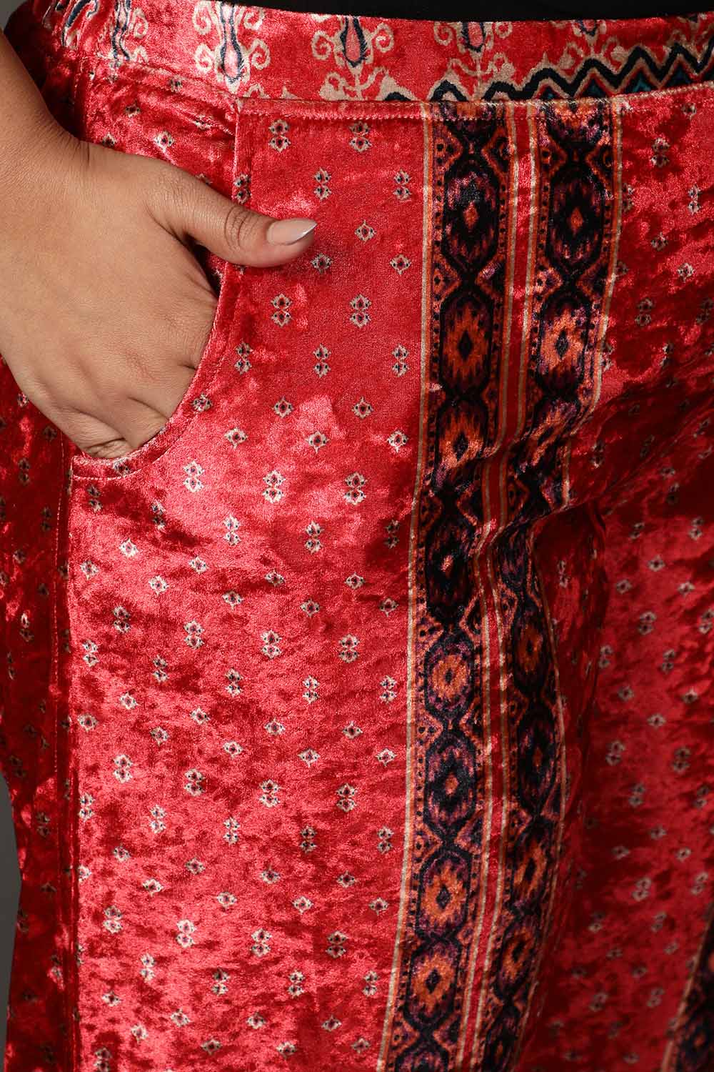 Red Printed Velvet Pant