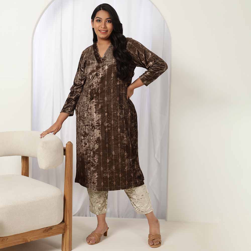 Brown V Neck Velvet Kurta