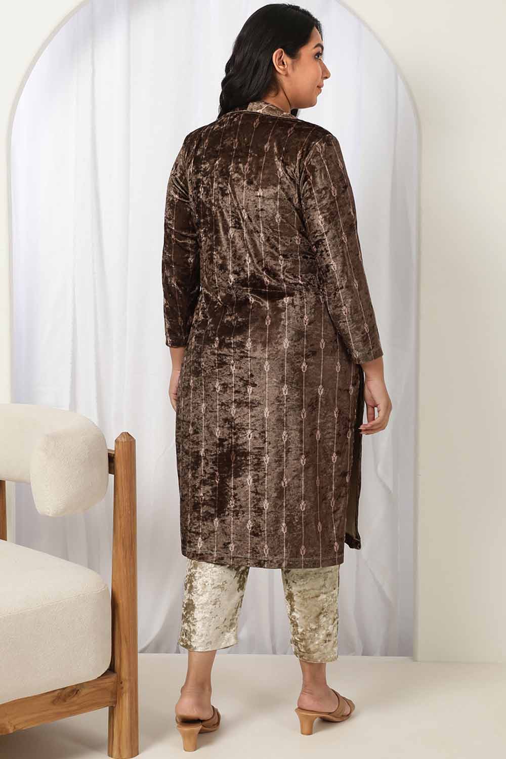 Brown V Neck Velvet Kurta
