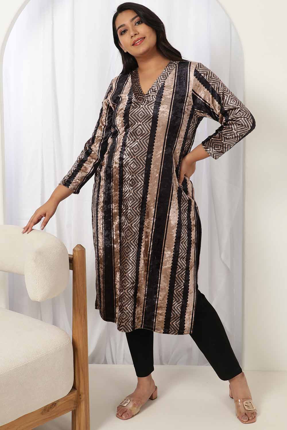 Black Beige Stripe Velvet Kurta