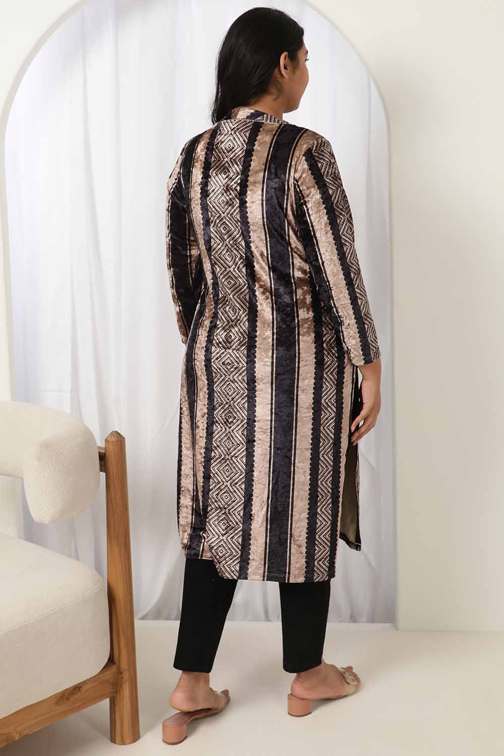 Black Beige Stripe Velvet Kurta
