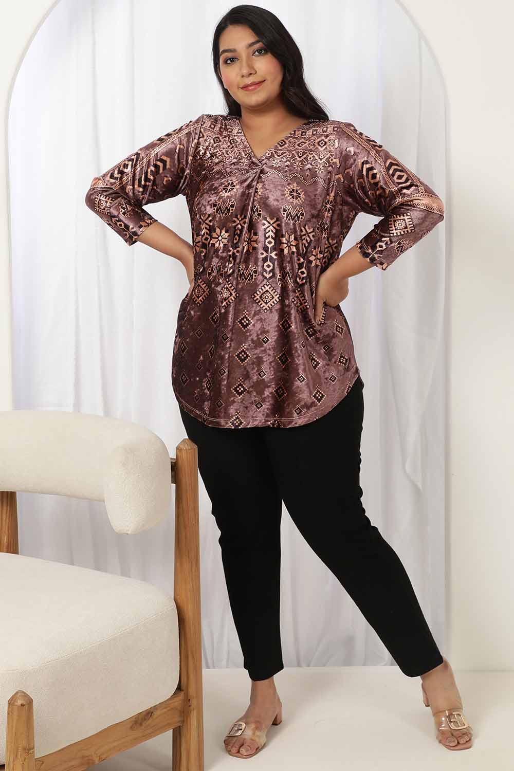 Buy Purple Printed V Neck Velvet Top